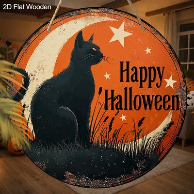 2D Flat Halloween Cute Cat Round Wooden Hanging Pendant, Living Room Garden Decor, Wall Art, Halloween Party Decor, Halloween Gifts