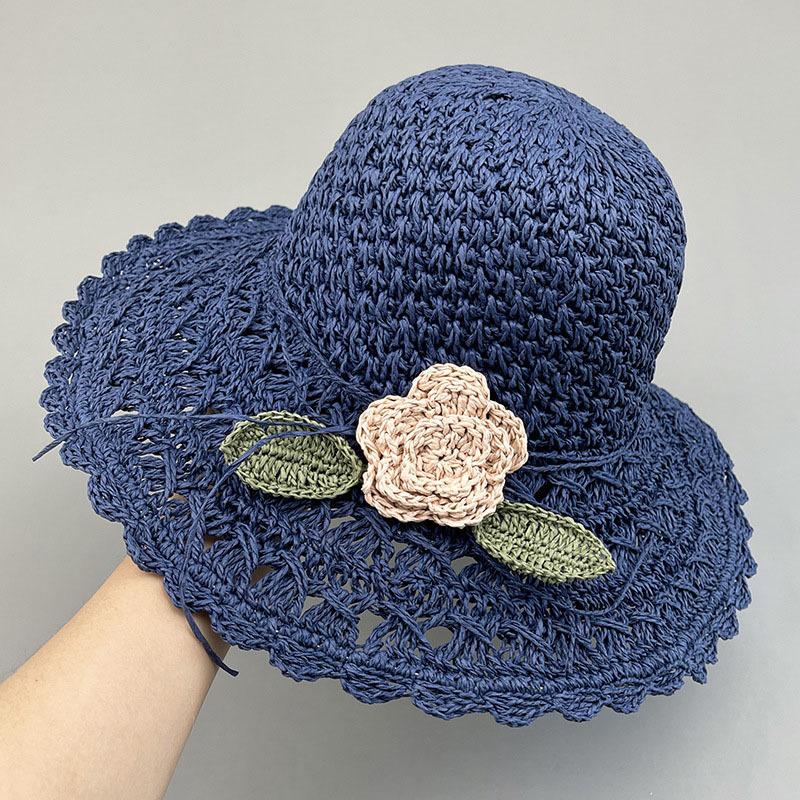 

Beach hat children spring and summer hand-woven cool hat straw hat female sunshade flower foldable sunscreen sun hat M（56-58cm） Темно-синій