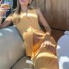 Elegant Maxi Skirt Two-piece Set Women's Sleeveless Knitted Deep O Neck Tops Slim Skirt Set 2025 Fashion Casual Skirt Sets