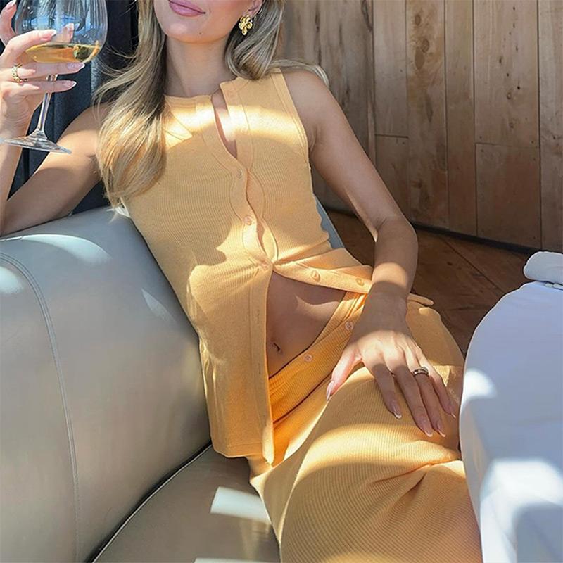 Elegant Maxi Skirt Two-piece Set Women's Sleeveless Knitted Deep O Neck Tops Slim Skirt Set 2025 Fashion Casual Skirt Sets