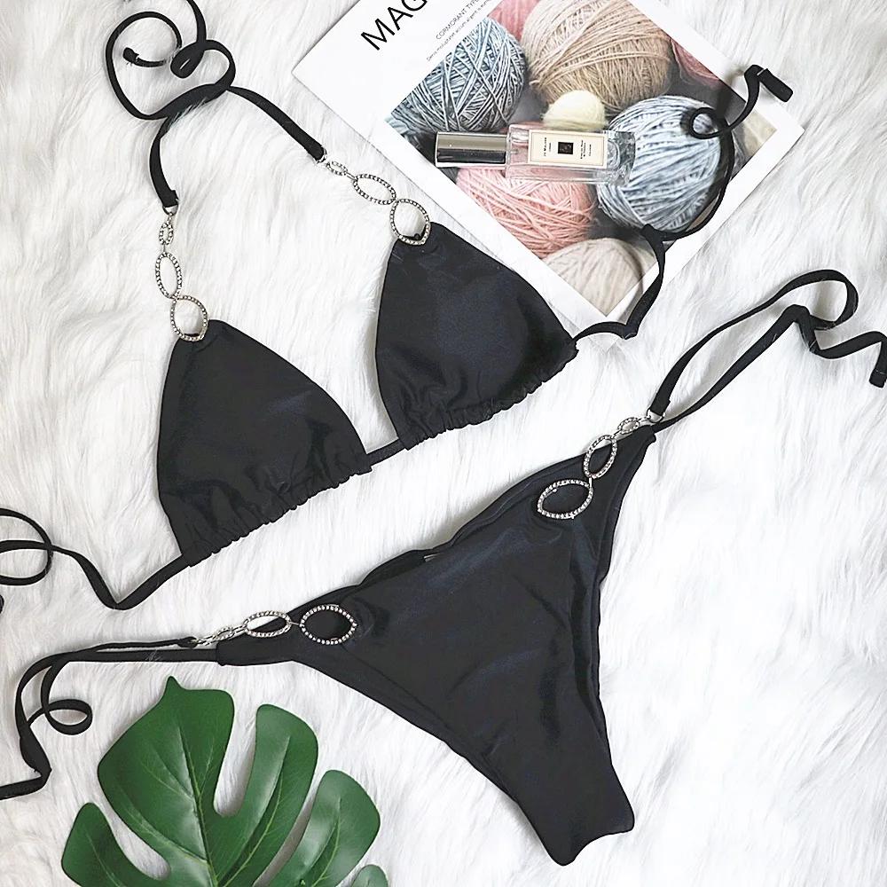

Сексуальные металлические аксессуары со стразами, женский разделенный купальник, бикини для отдыха, 2024, новый однотонный купальник на бретелях, европейско-американский L чёрный