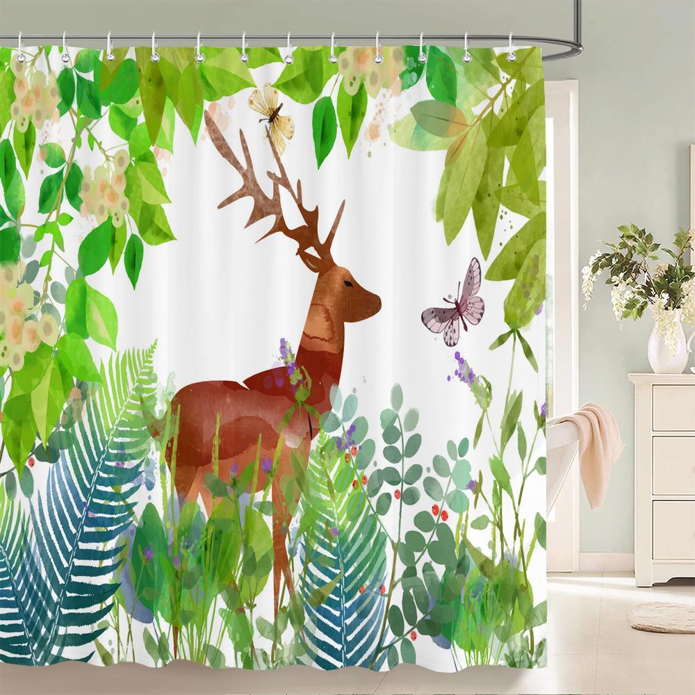 Plum Blossom Flower Leaves Shower Curtain Watercolor Plant Floral Pattern Waterproof Polyester Bathroom Curtain Decor With Hooks