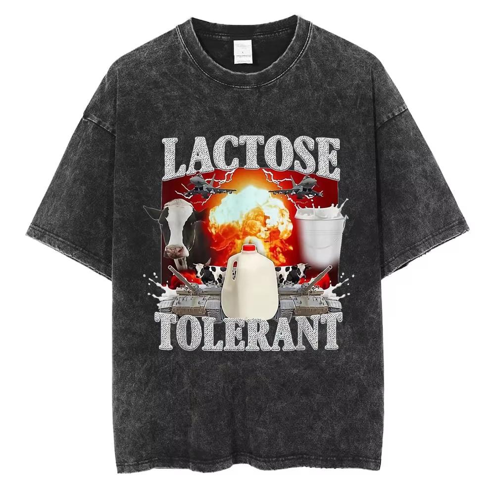 

Vintage Washed Lactose Tolerant Meme TShirt Funny Retro Graphic Tee Streetwear Harajuku YK Tops for Men Women Summer Tshirt S