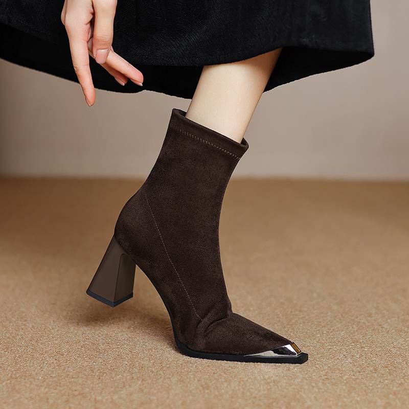 Krazing Pot Flock Autumn Winter Shoes Metal Decoration Thick High Heels Big Size 40 Modern Boots Square Toe Keep Warm Slip On Ankle Boots