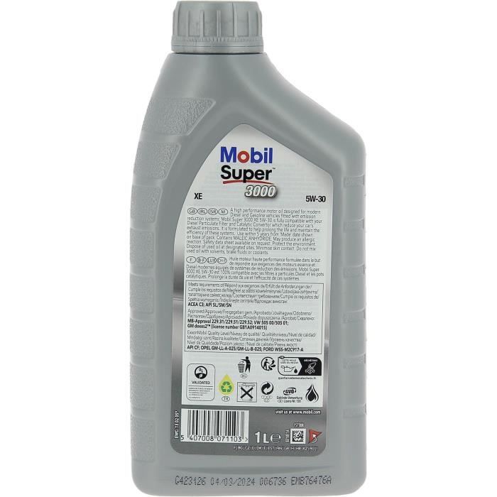 Huile moteur 5W-30 Synthétique - MOBIL - Super 3000 - Formula-XE -bidon 1L - haute performance anti-pollution
