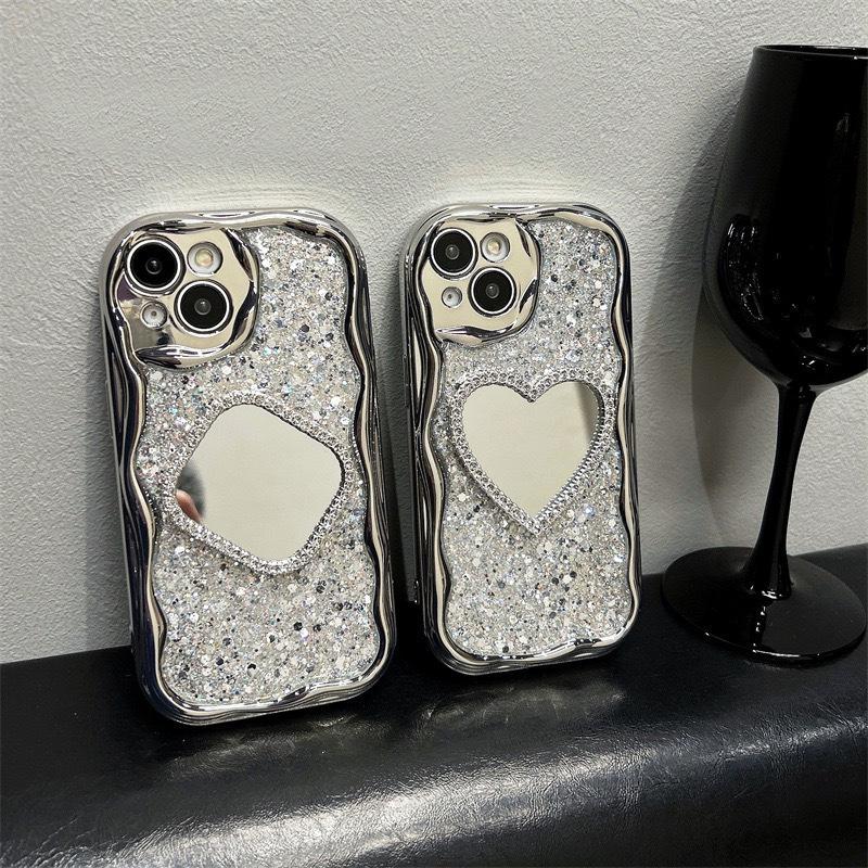 For Apple 17Promax Electroplated Silver Phone Case for IPhone16 Love Mirror Sequins High-end Ins