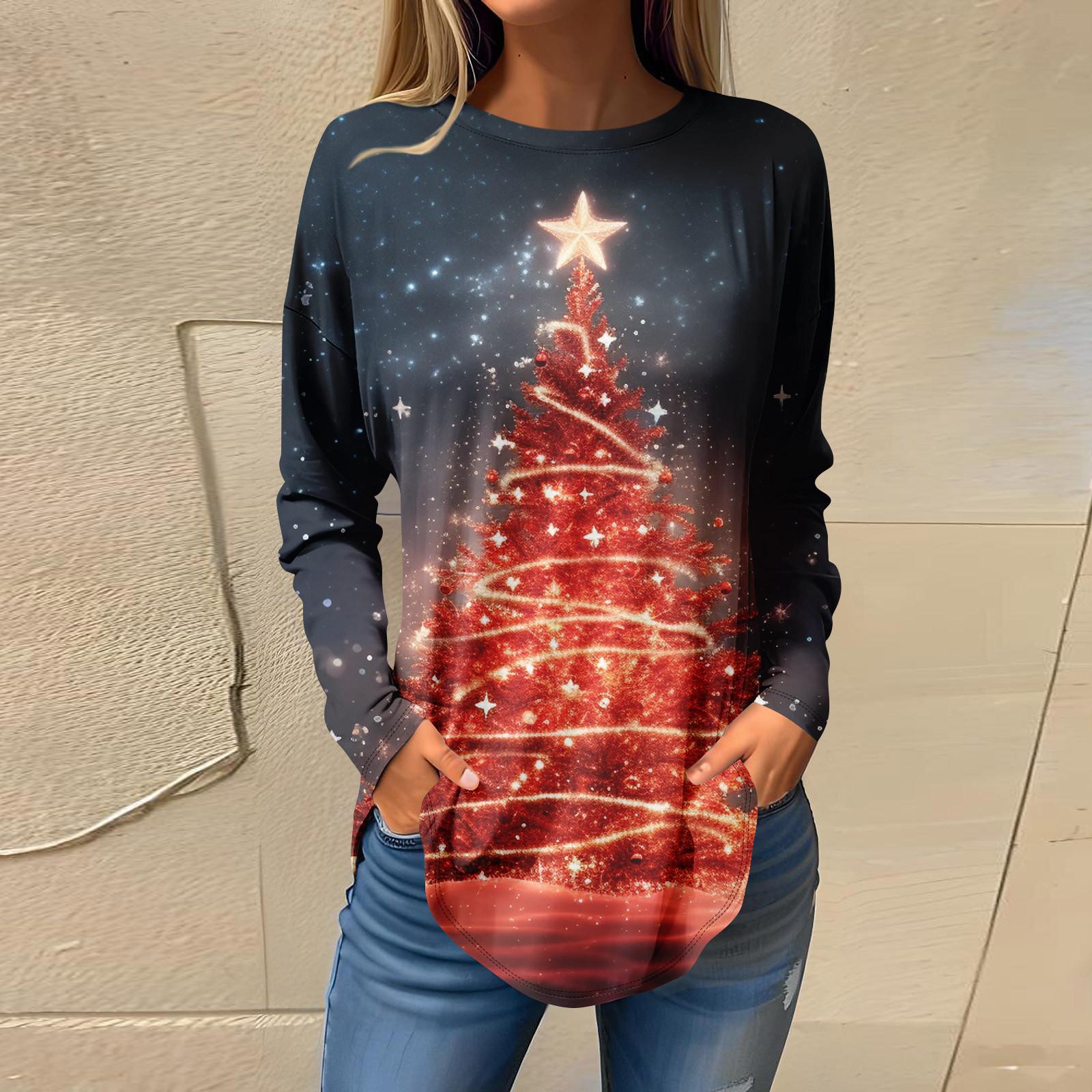 

Футболки для женщин, осенние повседневные рубашки с длинными рукавами, толстовка с ретро-принтом, топ для рождественской вечеринки, пуловер XL тёмно-синий