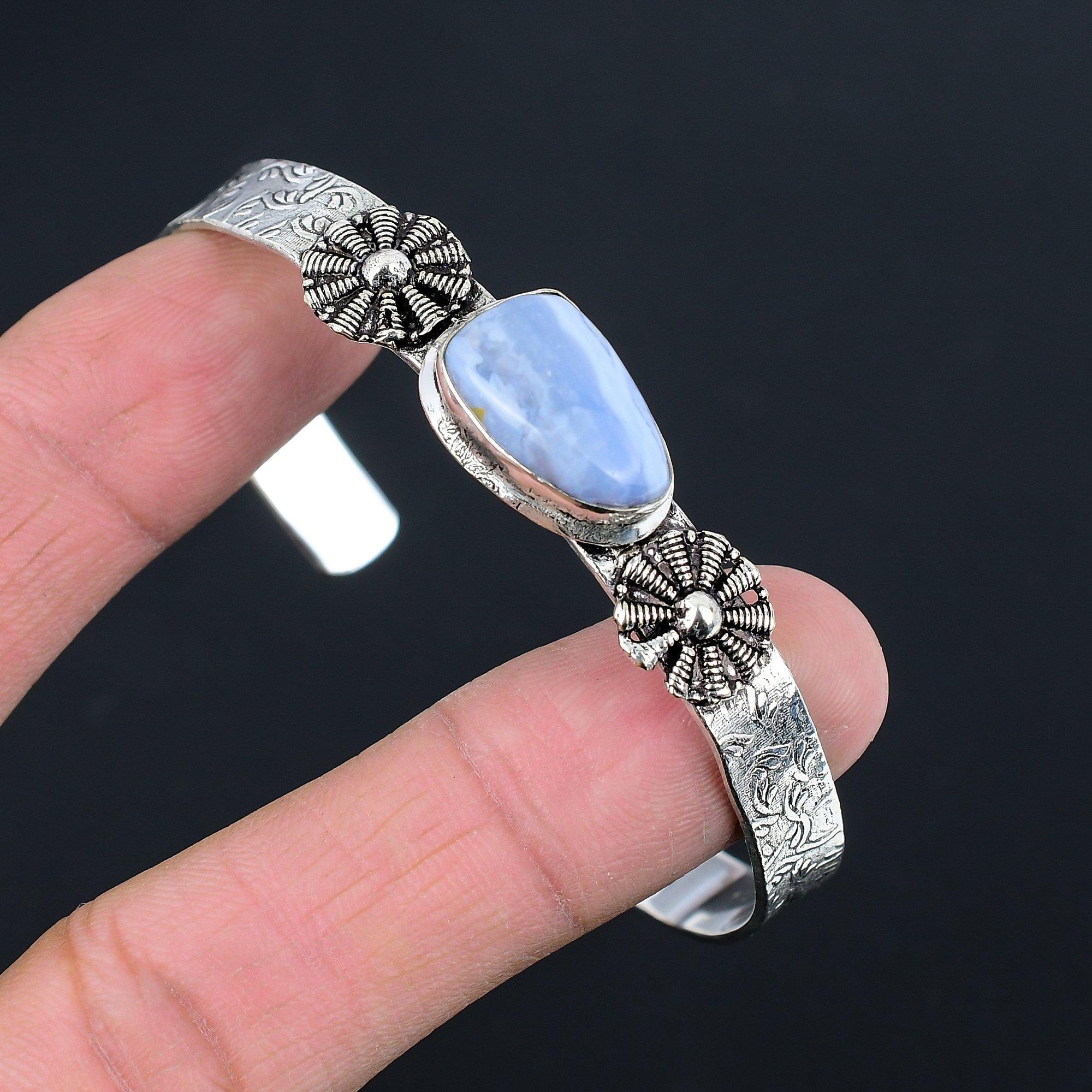 

День дочерей Распродажа Серебро 925 пробы Камень голубой кружевной агат Элегантный этнический браслет для жены Adjustable