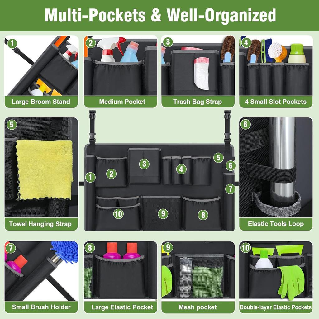 Cleaning Tool Storage Bag Adjustable Buckle Cleaning Supplies Organizer Bag Buckle-Type Hanging Bag for 32-55 Gallon Porch