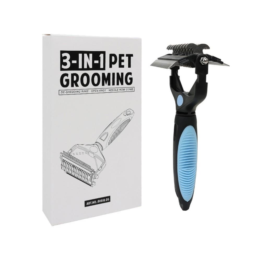 3 In 1 Pet Deshedding Brush Stainless Steel Blade Anti-slip Handle Pet Fur Knot Cutter Portable Pet Grooming Puppy Cat Comb