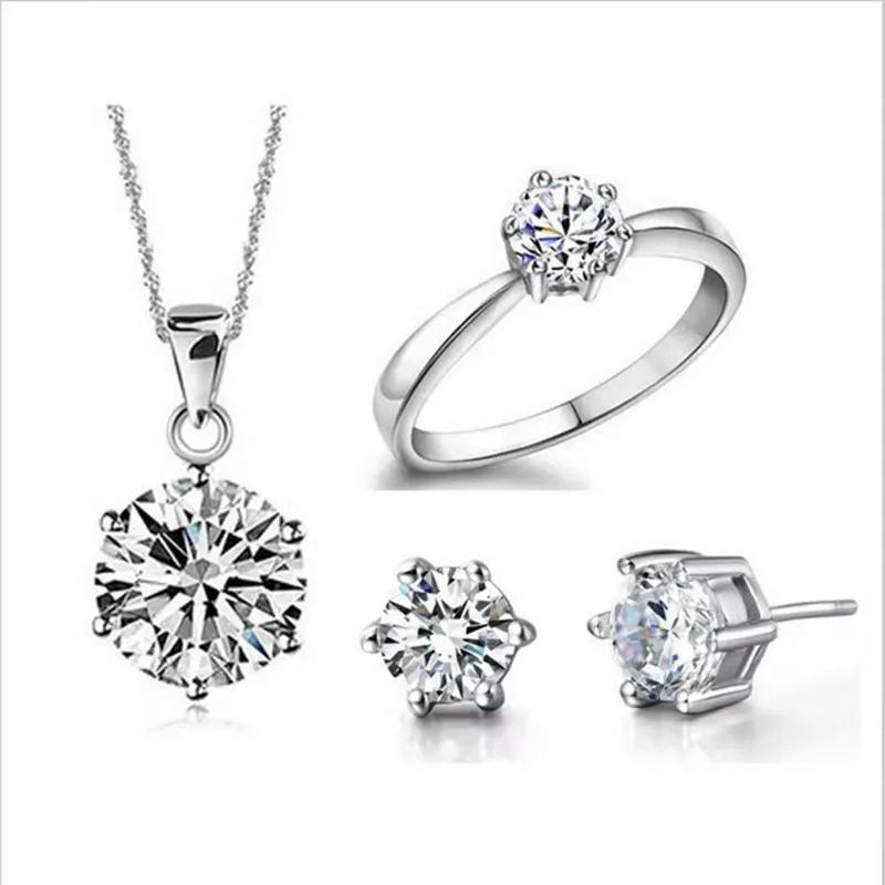 925 Sterling copper Engagement Zircon Set for Women Simple Fashionable AAAAA Zircon Necklace Earrings Ring Combo