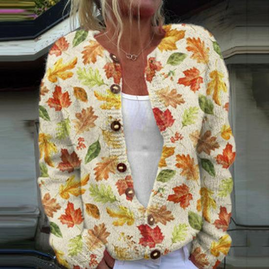 3D Digital Print Faux Wool Cardigan Knit Jacket for Women