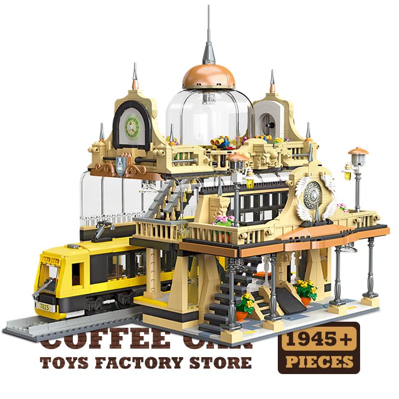 

Креативный набор строительных блоков «Железнодорожная станция» со светодиодами, вид на городскую улицу, железнодорожный домик, MOC-кирпичи, детские игрушки, рождественские подарки для взрослых, DIY