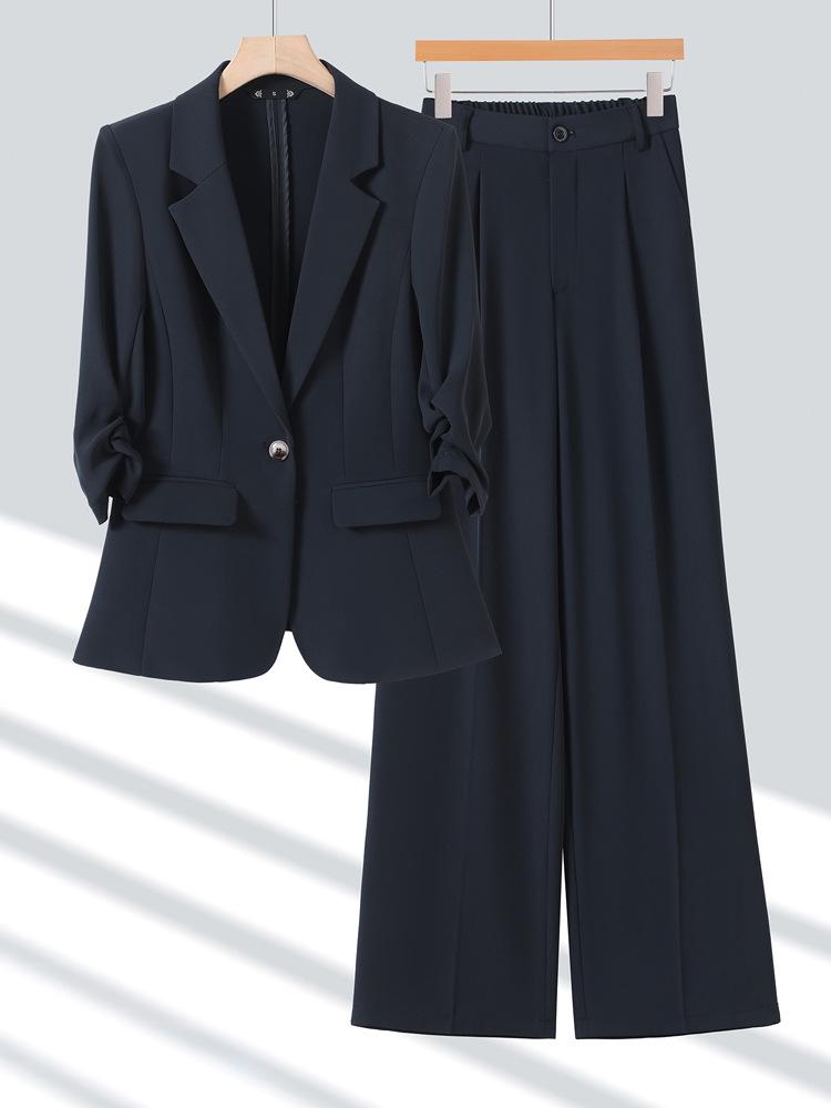 Women's Elegant Wrinkled Seven-Sleeve Blazer Suit with Wide-Leg Pants - Thin Style 2026 Spring/Summer Collection