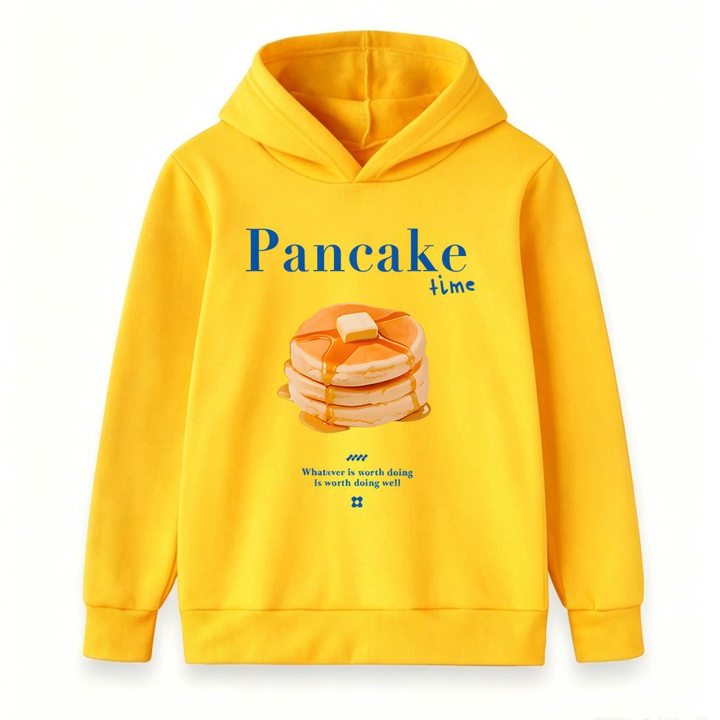 Kids Boys Girls Pullover Hoodie, Cute Pancake Time Food Print Sweatshirt, Casual Long Sleeve Warm Hooded Top for Daily Wear School Trip Holiday Gift