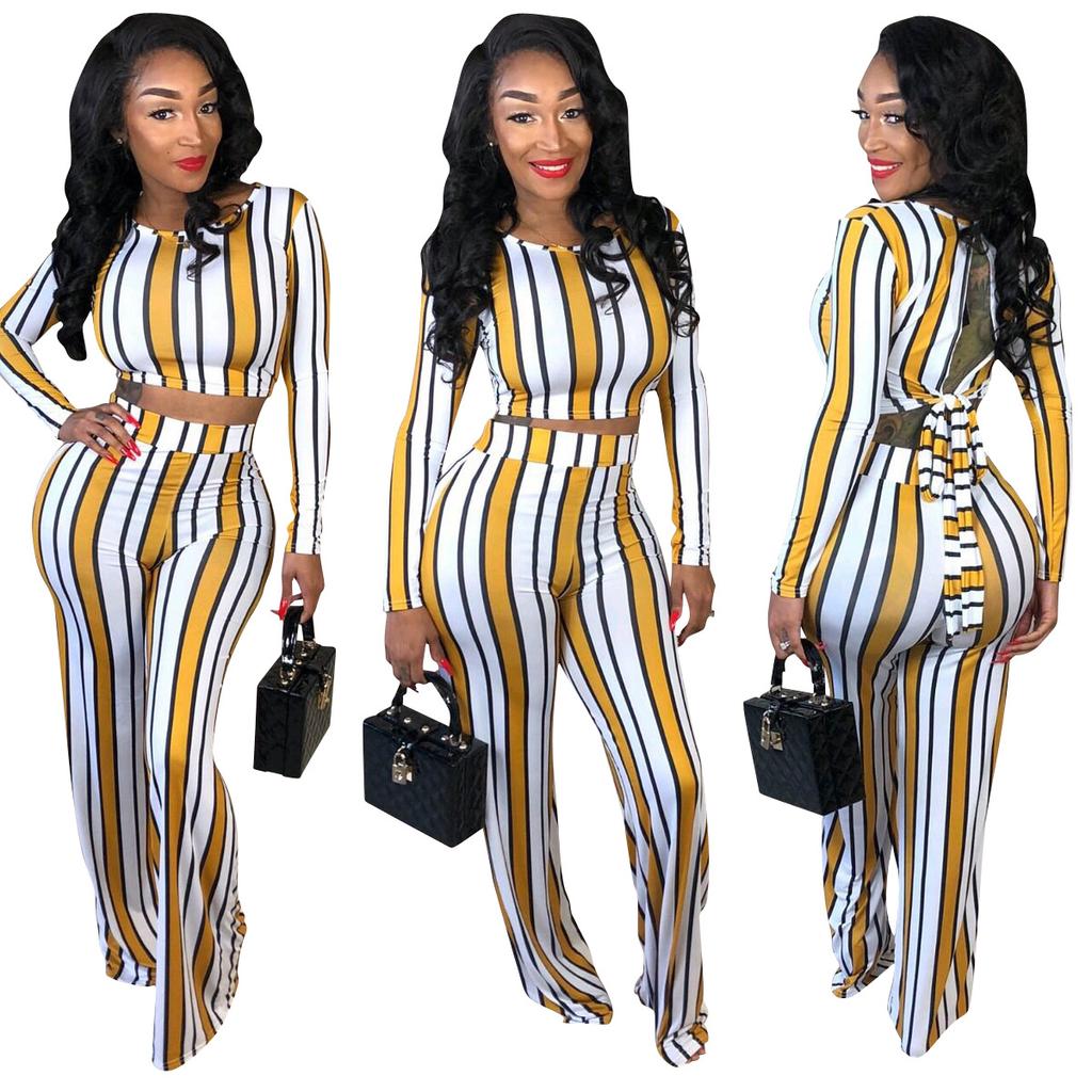 D9116 Women's Clothing Hot-selling European and American Women's Clothing, Long-sleeved Striped Printed Back Strap Set