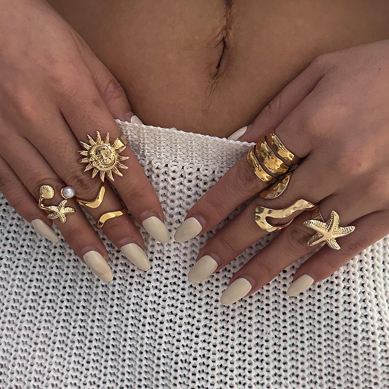 6Pcs Vintage Boho Ocean System Rings Set Shell Pearl Starfish Open Ring for Women Irregular Geometric Knuckle Ring Party Jewelry
