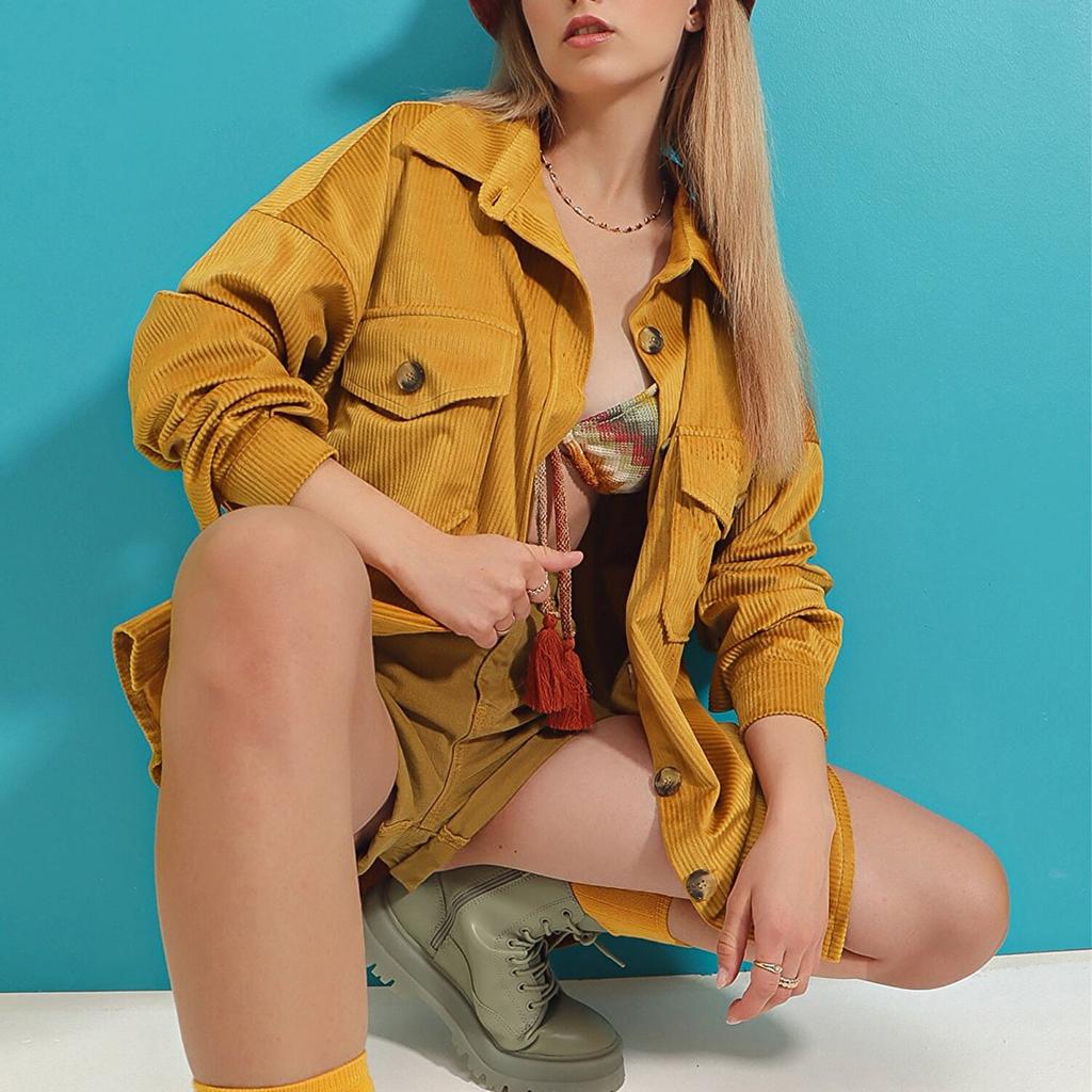 Damen Einfarbig Cord Tasche Langarm Unregelmäßigen Strickjacke Hemd Jacke