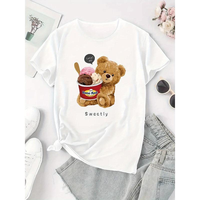 Women's Casual Short Sleeve T-Shirt with Cute Ice Cream Bear Graphic Print - Soft Stretch Round Neck Summer Top,