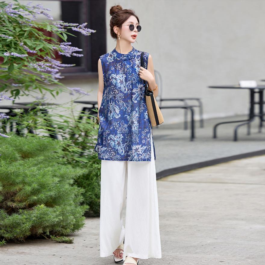 

Летний новый дизайн сине-белый фарфоровый принт топ без рукавов со стойкой воротником брюки широкие от бедра костюм-двойка для женщин XXL