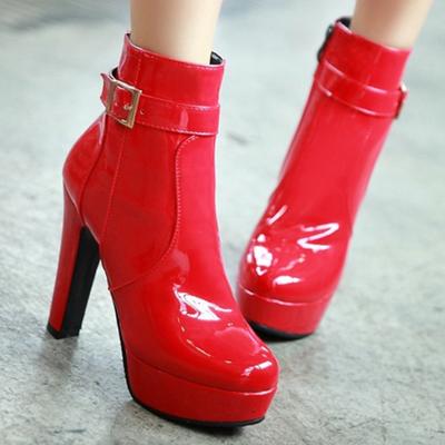 Damen Stiefeletten Plateau Lack Party Tanzschuhe Schwarz Rot Hoher Absatz Mode Herbst Winter Motorrad Kurzer Stiefel Damen