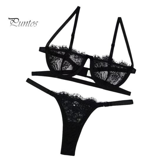 2 Pcs/Set Bra Panties Set See-through Lace Floral Embroidery Solid Color Adjustable Strap Thin High Waist G-string Wedding Night Honeymoon Underwear