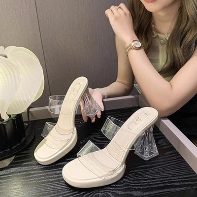 Stepping On Shit, Thick-bottomed Waterproof Table, Transparent Word with High-heeled Slippers, Women Wear Crystal and Thick-heeled Cool Slippers In S