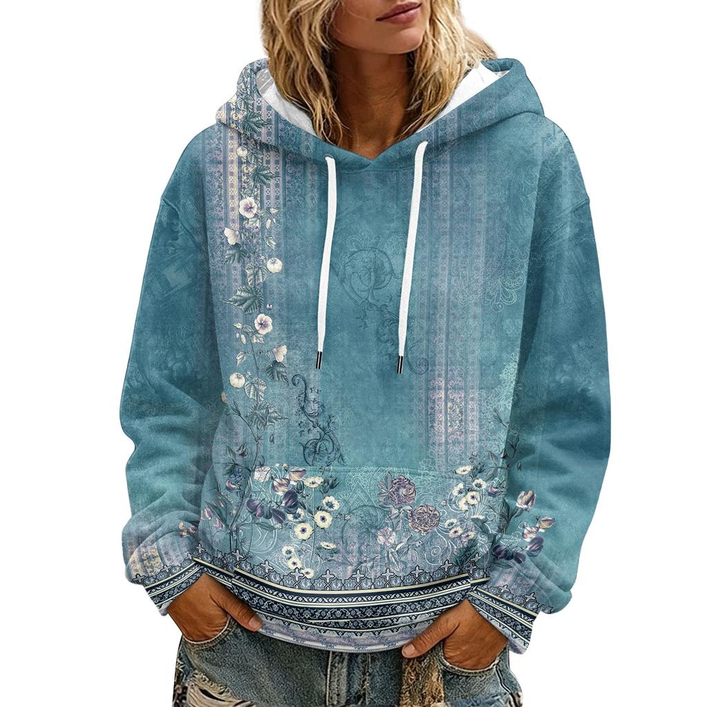 Women's Floral Print Casual Hoodie with Pocket and Long Sleeve Top