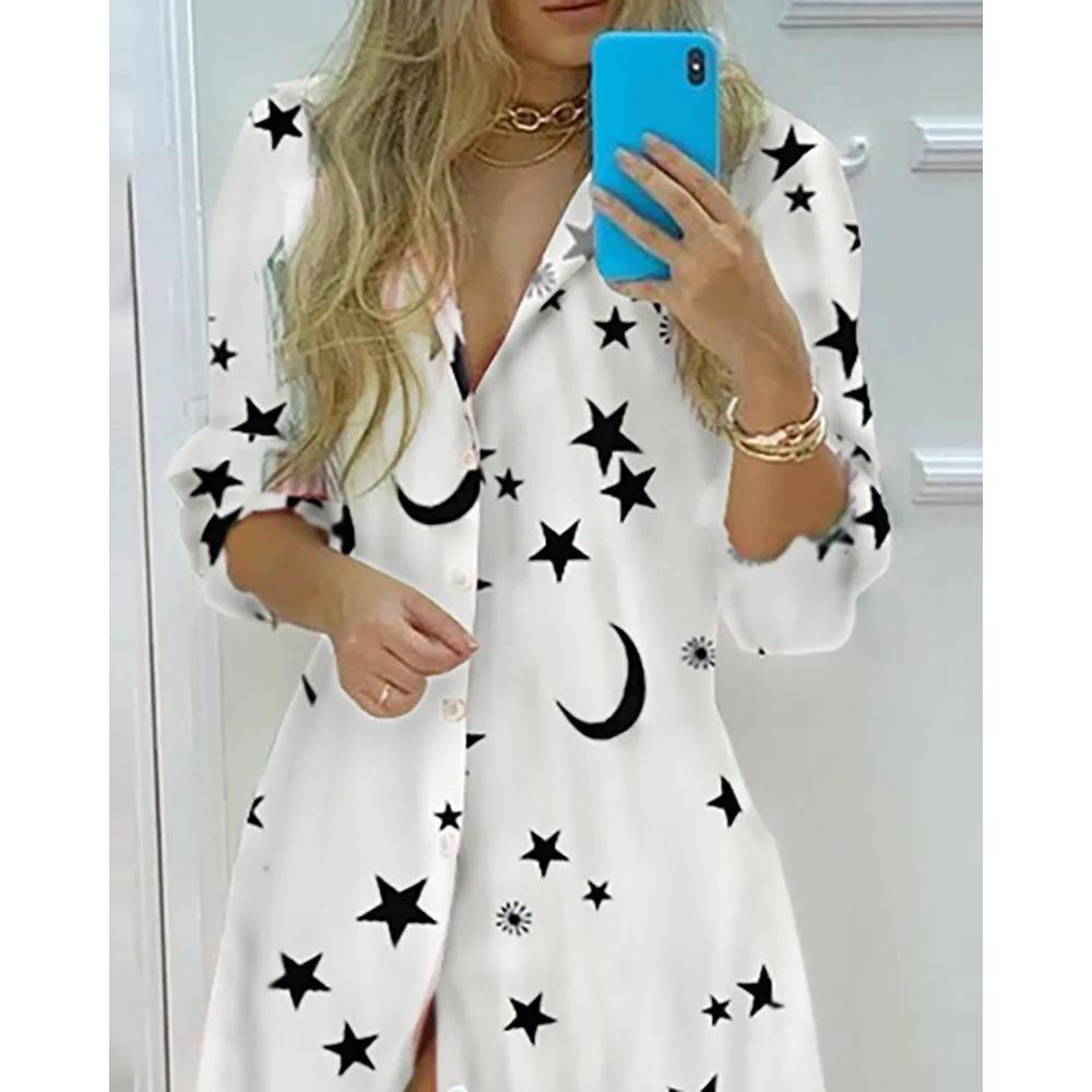 Frühling Herbst Sexy Polokragen-Shirtkleid Damen Langarm Retro-Stil Personalisiertes Druckkleid Lässiges Shirtkleid