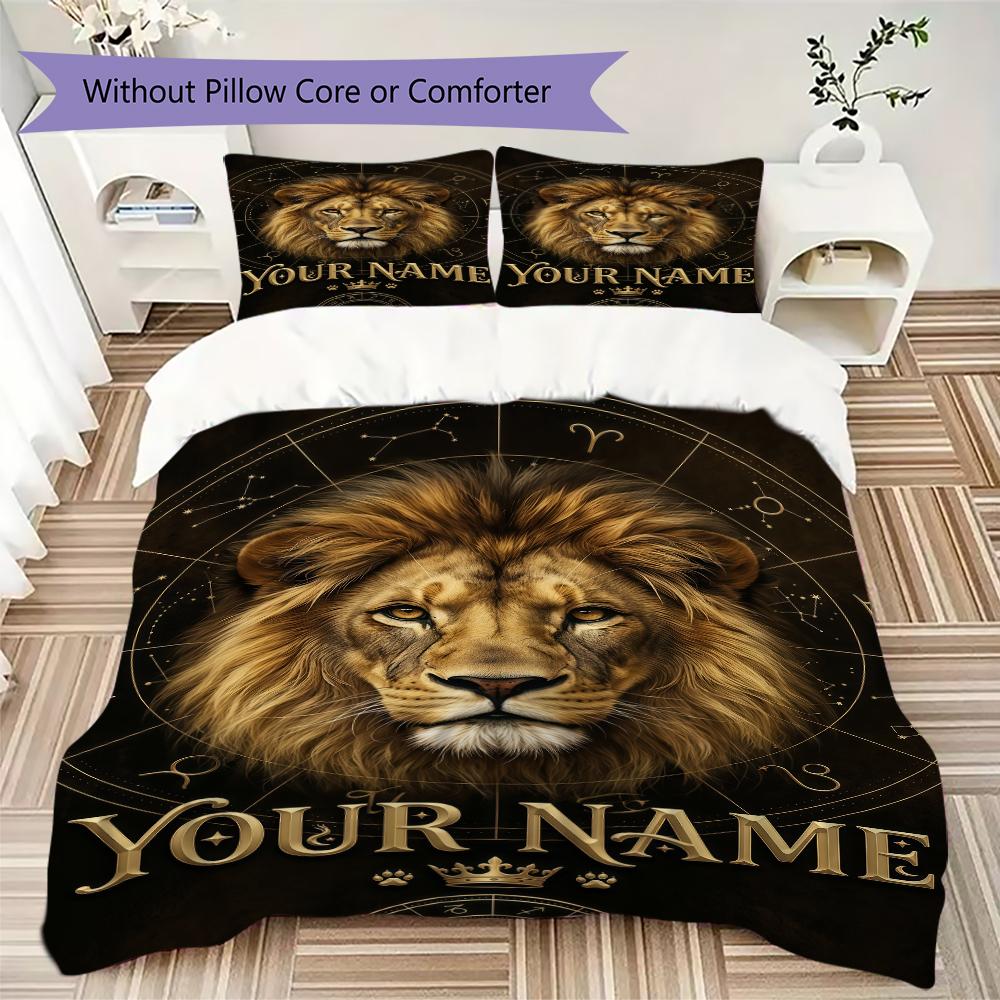 Custom Name Royal Lion Majesty Bedding,Quilt Set Quilt Cover Pillowcase Home Birthday Gift(1 * Duvet Cover + 2 * Pillowcase, Without Core)_lx