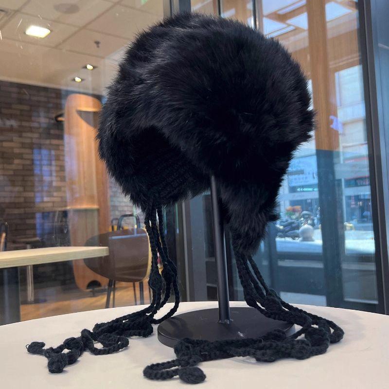 Rabbit-fur Knit Autumn Winter Cold-Weather Beanie with Fringe Earflaps New Style Thickened Woolen Hat for Warmth Woolen Beanie