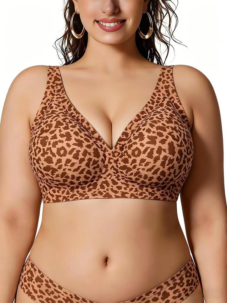 Plus Size Seamless Leopard Print Invisible Bra with Soft Support