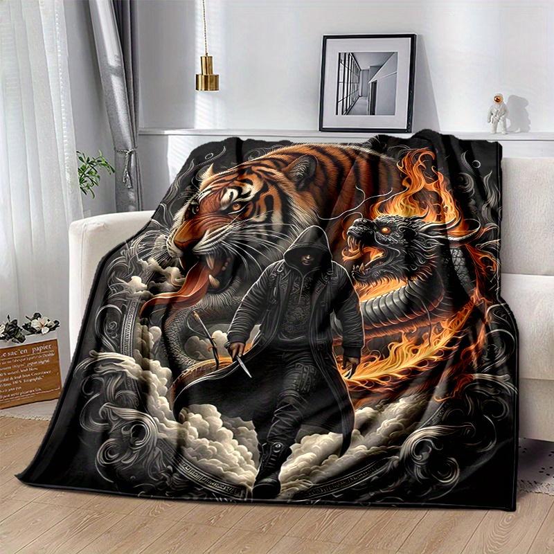 1pc Tiger and Dragon in Fiery Clouds Blanket  Seasonal Home Decorative Throw, Unique Gift Idea, Living Room, Travel, Camping, Car Blankets