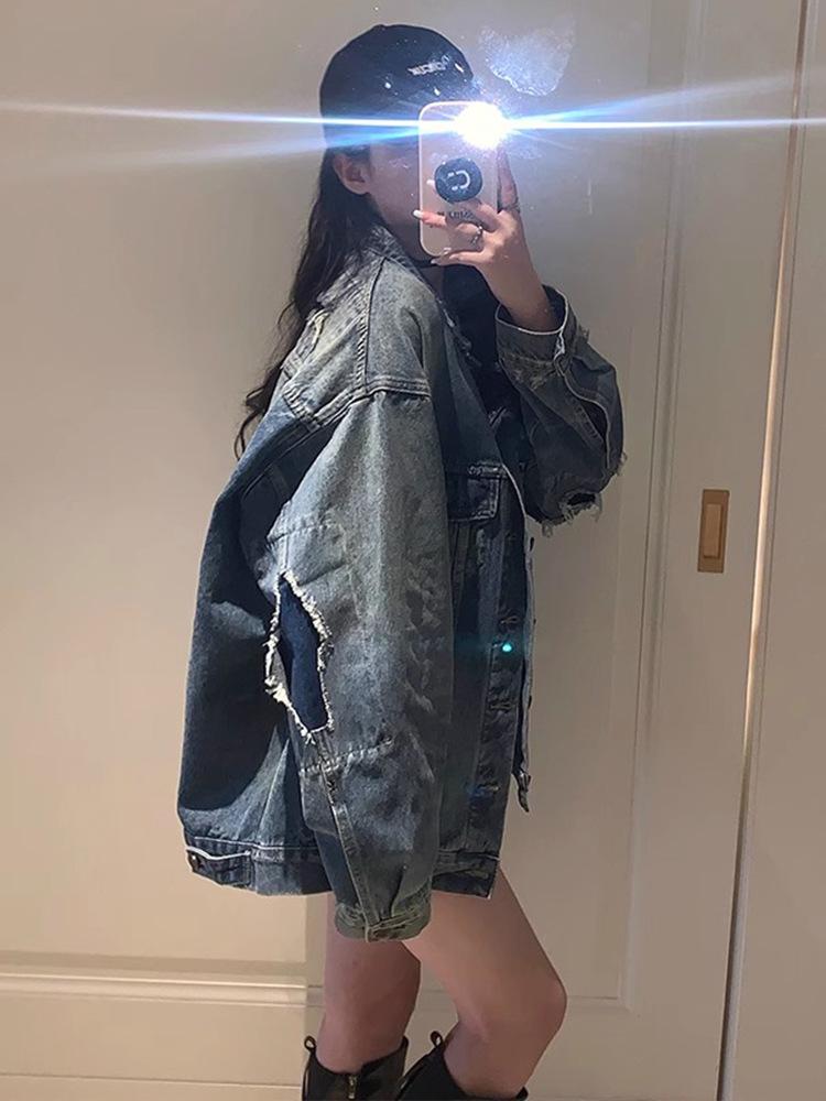 

Women s American Retro Biker Denim Jacket - Ripped, Loose, BF Style for Spring/Autumn Hip Hop Vibe Extra Large синій