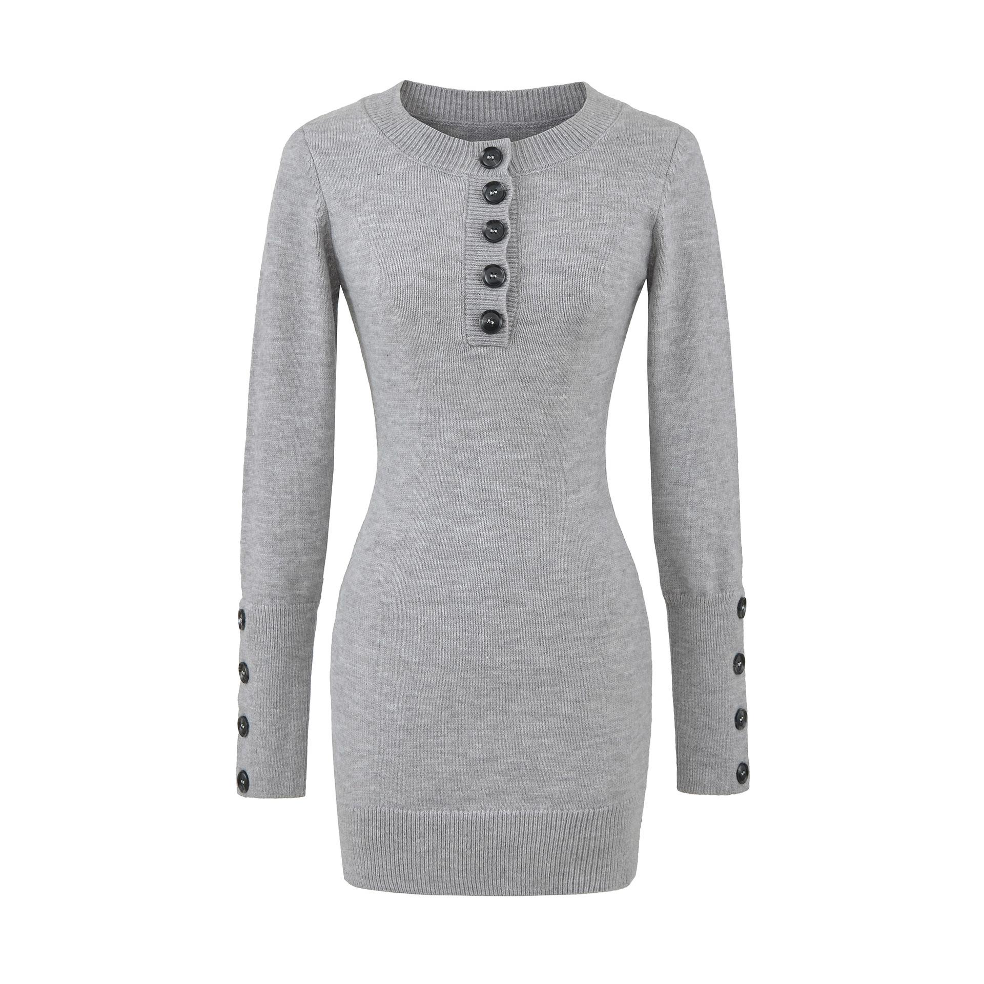 

Spicy Girl Knit Bodycon Dress: Autumn Winter 2025 Slimming Waist-Cinch Long Sleeve S серый