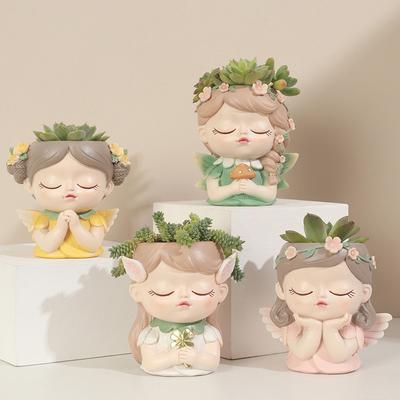 Cute Elf Girl Flower Pot Succulent Pot Resin Planter Home Decor Desktop Ornament Bonsai Plant Pot Garden Decoration