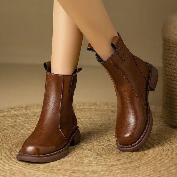 Women's Soft-Soled Genuine Leather Short-Tube Martin Boots, 2025 Autumn/Winter, Plus Velvet, Comfortable Round-Toe, Mid-Heel Chelsea Ankle Boots