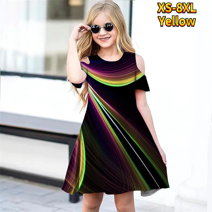 Girls Floral Multicolored Lines Print Dresses Kids Girl Party Off Shoulder Dress Princess Dress Short Sleeved Dress For Girl Over 4 Years