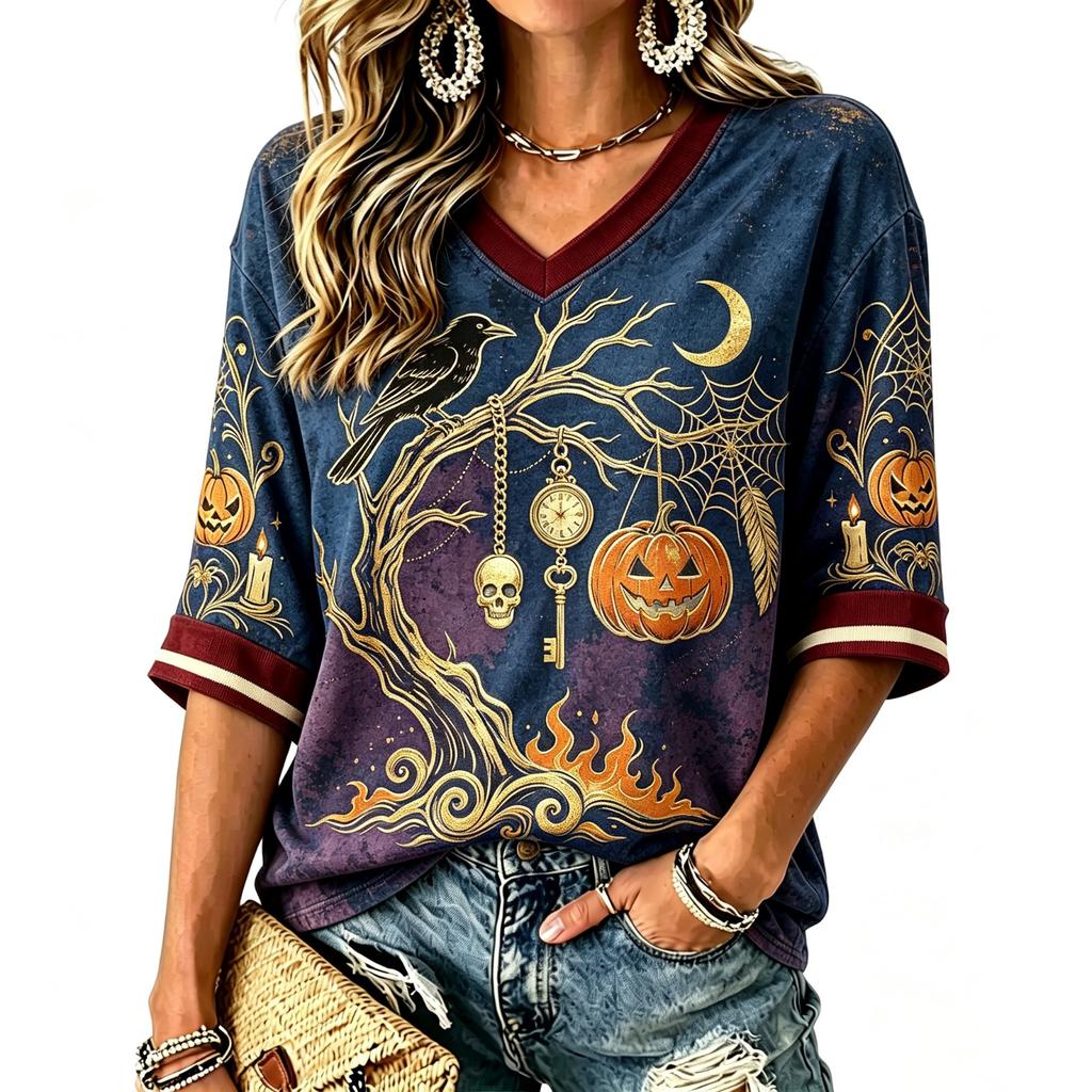 Women's Casual Halloween Print V-Neck T-Shirt Top for Daily Wear