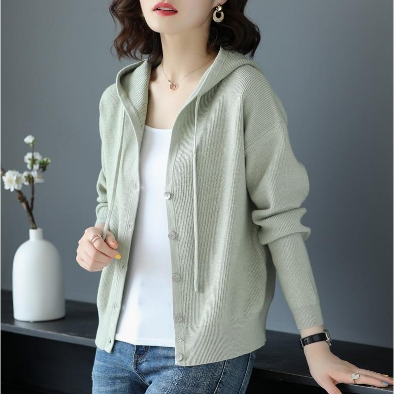 Women's Knitted Cardigan Spring Autumn New Style Solid Color Hooded Sweater Coat Loose Casual Versatile Single Breasted Top