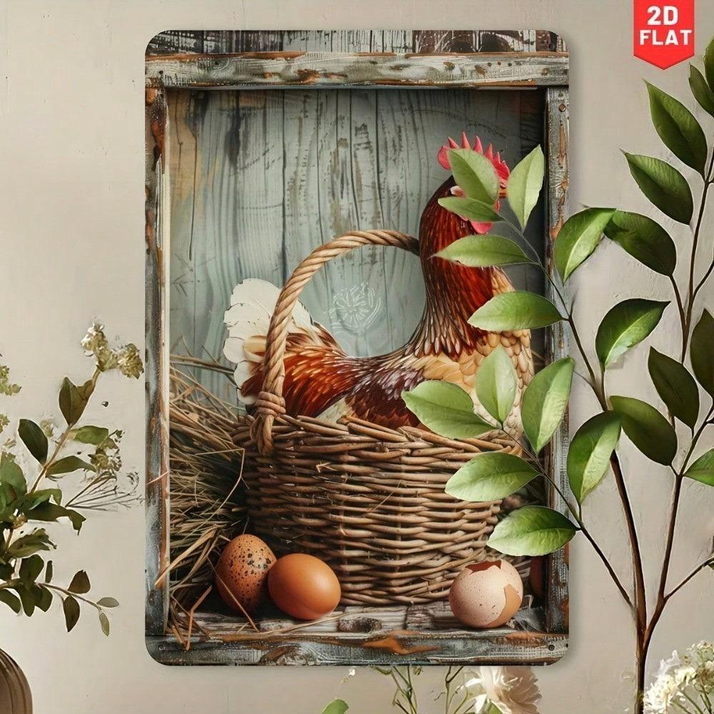 Metal Chicken Egg Farmhouse Tin Sign Vintage Wall Art Rustic Kitchen Decor Country Living Retro Plaque