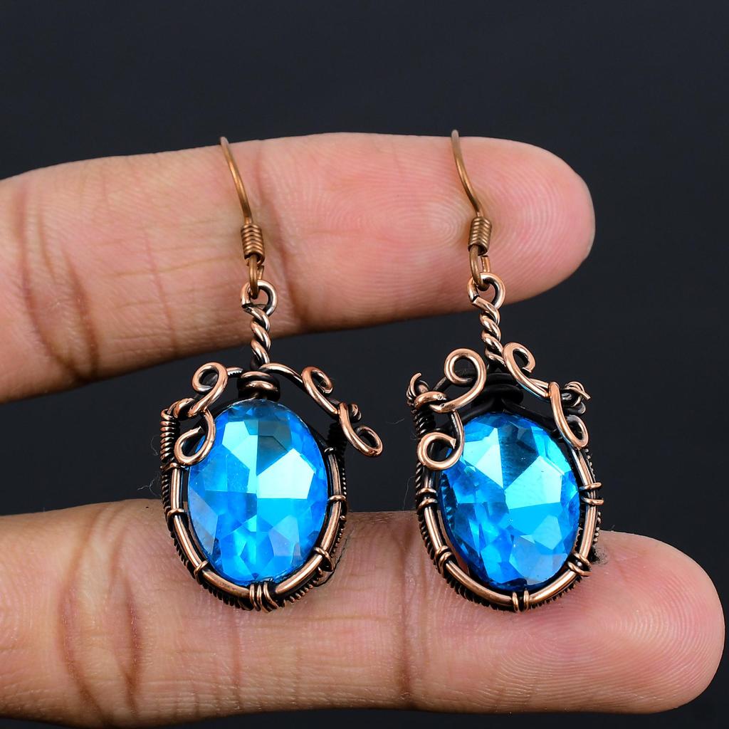 Blue Topaz Earrings, 999 Copper Wire Wrapped Gemstone Jewelry, Handmade Earrings, For Thanksgiving