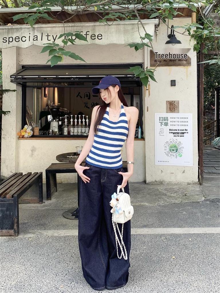 Women's Summer Color Block Striped Halter Top - Sexy Backless Chic Slim Fit