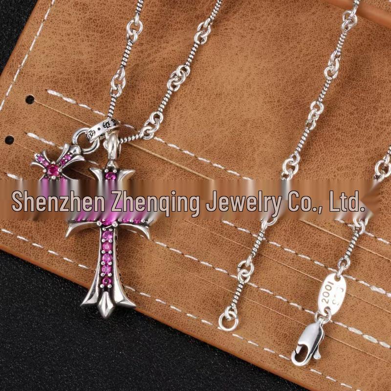 V Gold High Edition Double Cross Necklace with 18K Gold Plating & Multi-Color Diamond Pendant