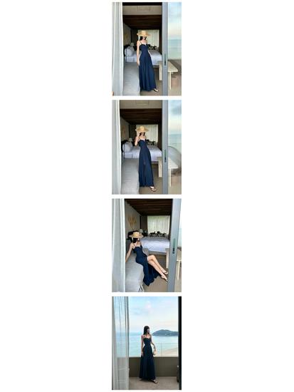 VENUIE Dark Blue Pleated Backless Lace-Up Long Sleeve Split Midi Dress