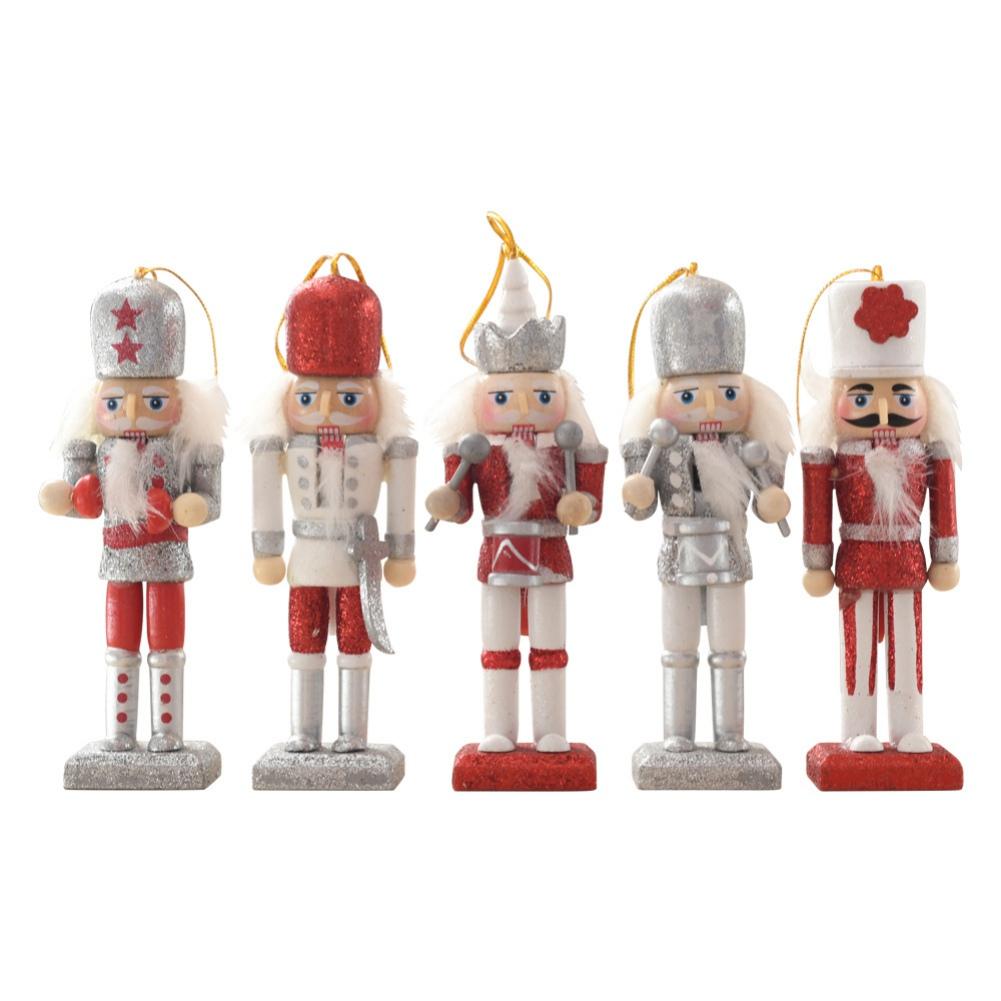 5pcs Wooden Nutcracker Ornament 13cm Soldier Figure Christmas Tree Pendant Desktop Decoration  Xmas Decor Statues Gifts