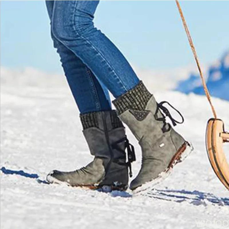 Women's Boots Winter 2025 Side Zipper Snow Boots Lace Up Women Shoes Size 43 Knitting Retro Ankle Boots Botas De Mujer