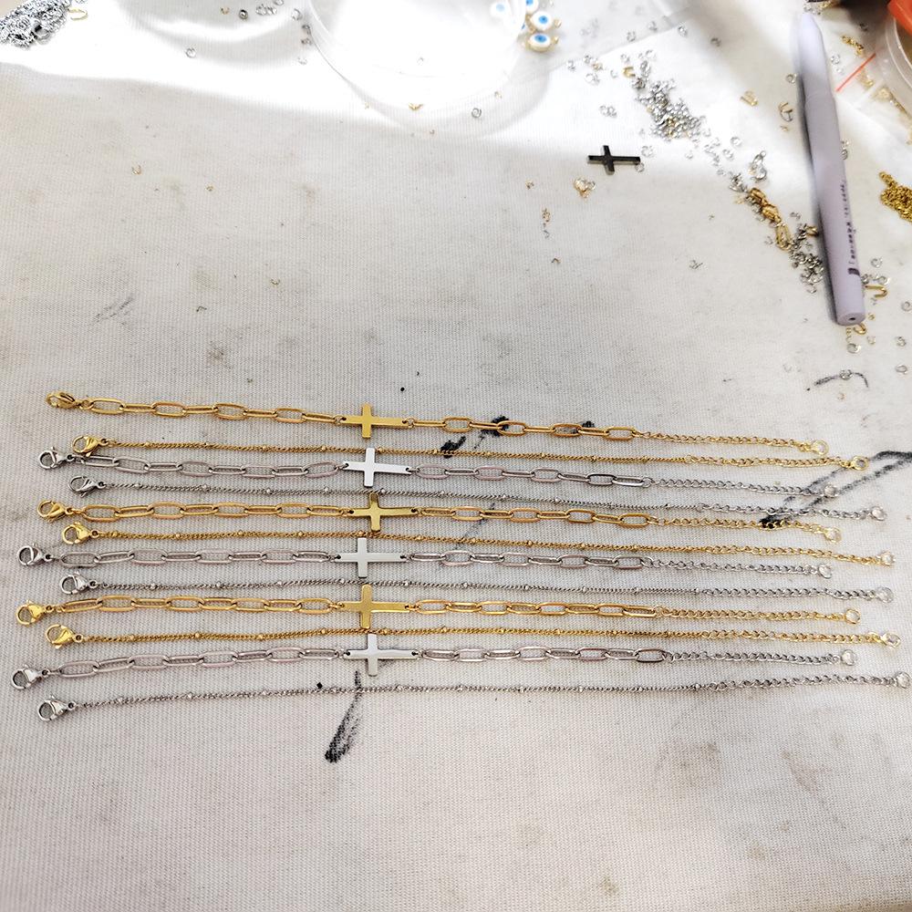 18K Gold-Plated Stainless Steel Double-Layer Square Wire Paperclip Cross Bracelet Steel