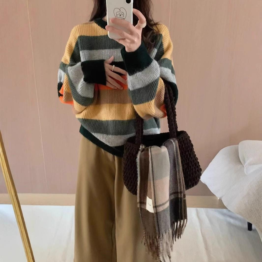 

Женский свитер 2025 Осень/Зима в радужную полоску, с цветовыми блоками - Свободный, с круглым вырезом, пуловер крупной вязки чёрный