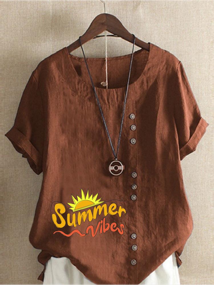 Women's Fashion Letter Print Round Neck Short Sleeve T-shirt Casual Cotton Linen Graphic Shirt Leisure Loose Summer Blouse Tops